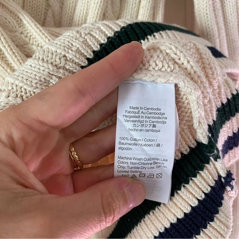 J. Crew Cream Cable-Knit V-Neck Sweater with Navy & Forest Stripes